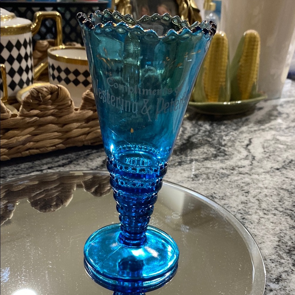 Authentic Antique Blue EAPG Trumpet Vase Westering & Peterson Ong, Nebraska!